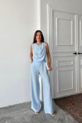 DEGAJE YAKA KOLSUZ BLUZ - PANTOLON TAKIM - Mavi resmi